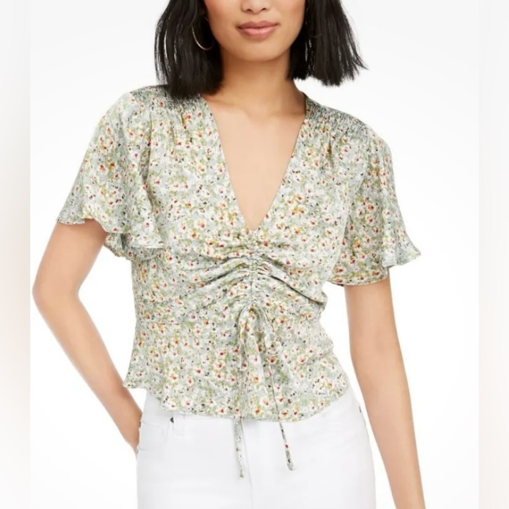 LUCY PARIS Green Floral Printed Drawstring Blouse Shirt Top Large